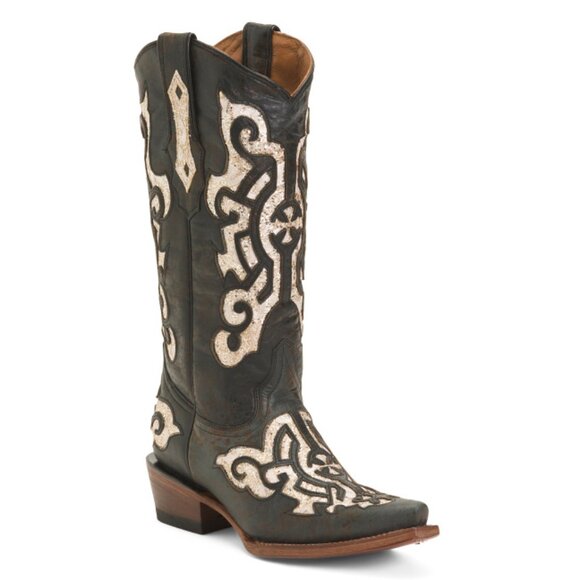TANNER MARK BLACK/BEIGE Made In Mexico Leather Snip Toe Western Boots - Picture 1 of 2